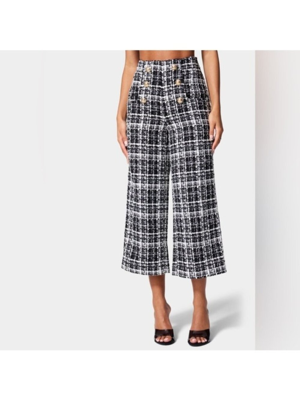 Bebe Button Detail Tailored Boucle Pant black and white 2